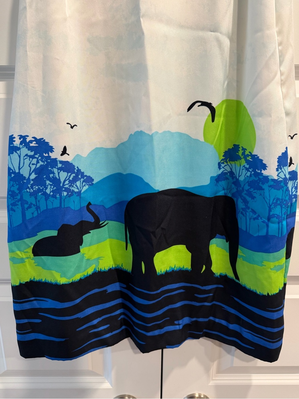 crown & ivy White Dress with Blue, Green and Black Scenic Print